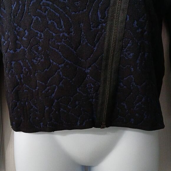 Catherine Malandrino zip up black and navy floral print moto runway jacket Sz S - Picture 2 of 7